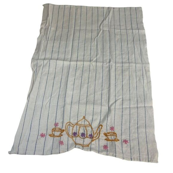 Flour Sack Teapot Embroidered Striped Beige 38x58 Tea Towel Country Cottage Core - Picture 2 of 4